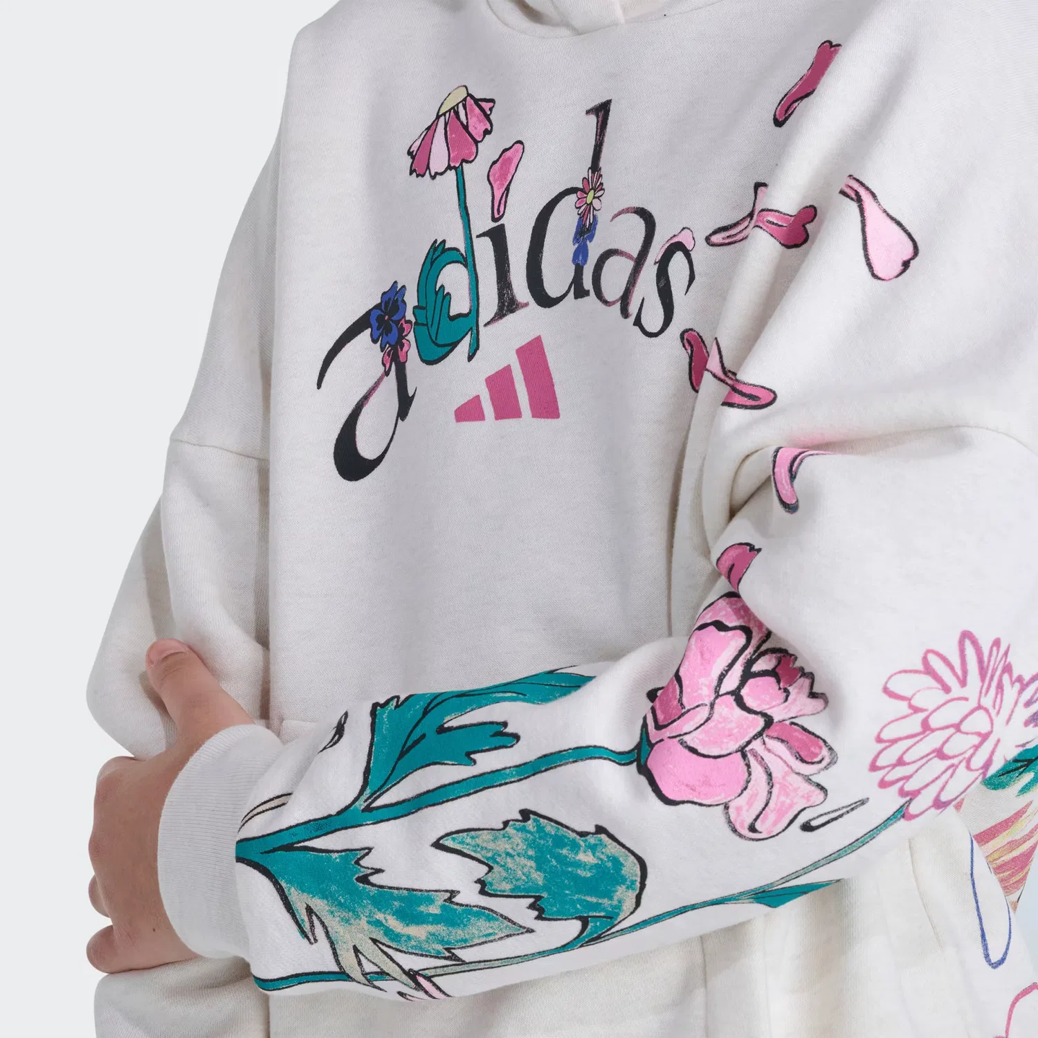 Детское худи из флиса свободного кроя Adidas Sportswear, меловой белый меланж — фото 4