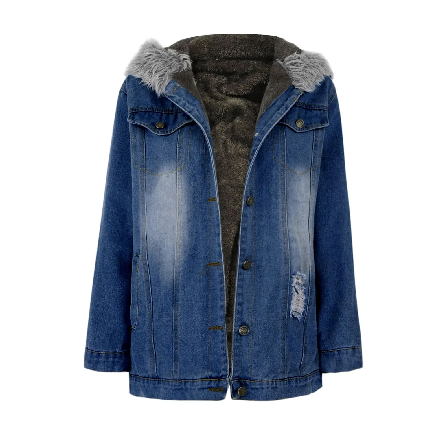 Женская джинсовая куртка oversize с капюшоном из искусственного меха, Blu scuro — фото 4