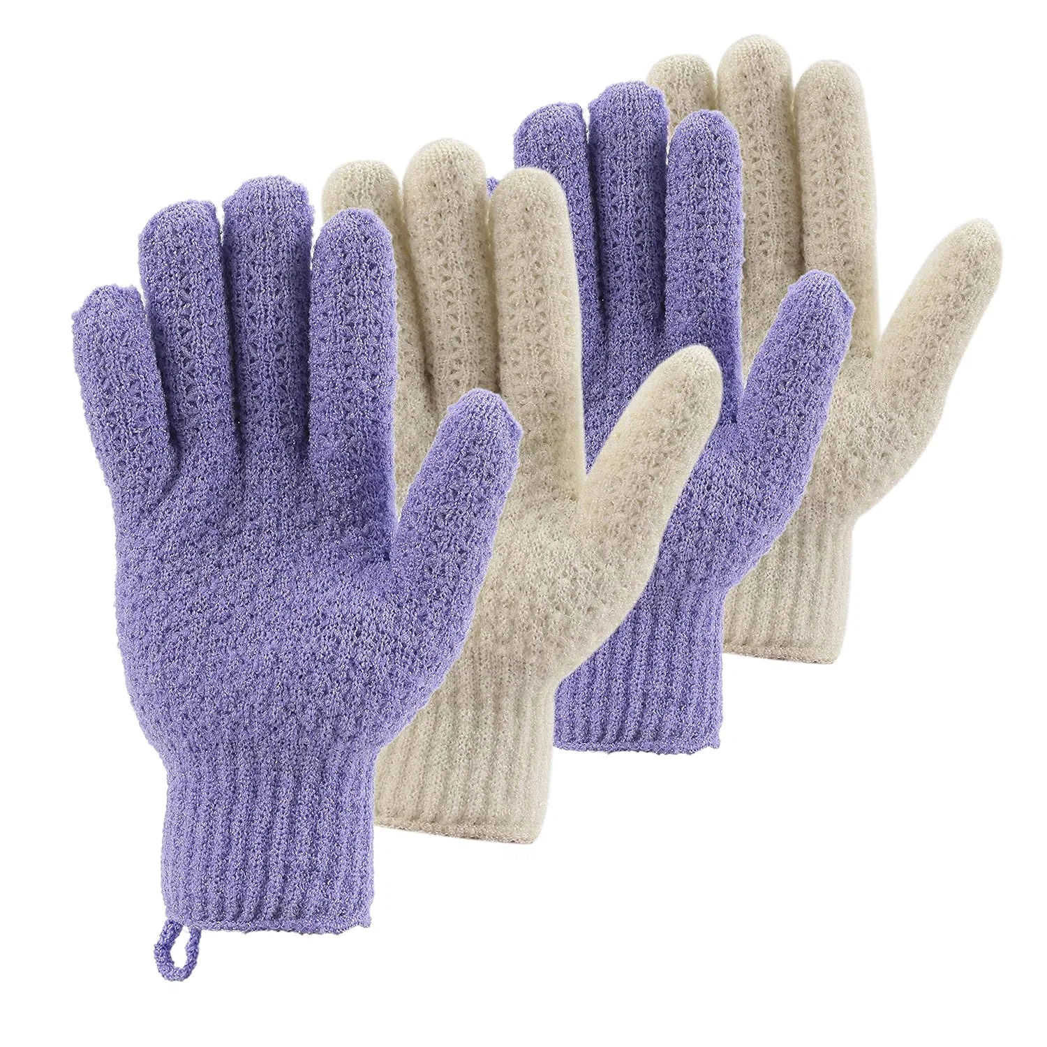 Эксфолиирующие перчатки для душа, 4 пары, Cleedy, Purple and Beige
