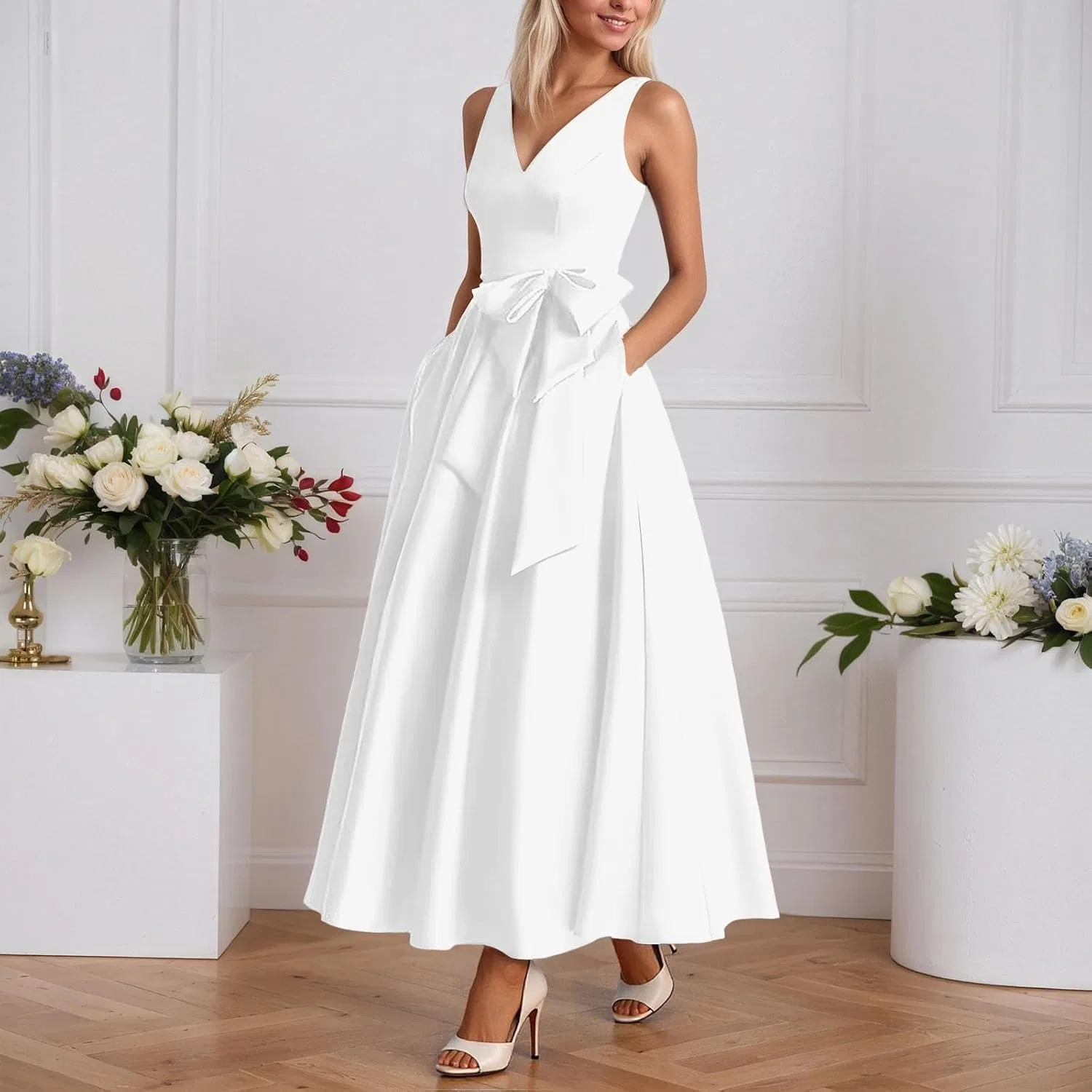 Женское коктейльное платье с бантом и шнуровкой на спине, White — фото 2