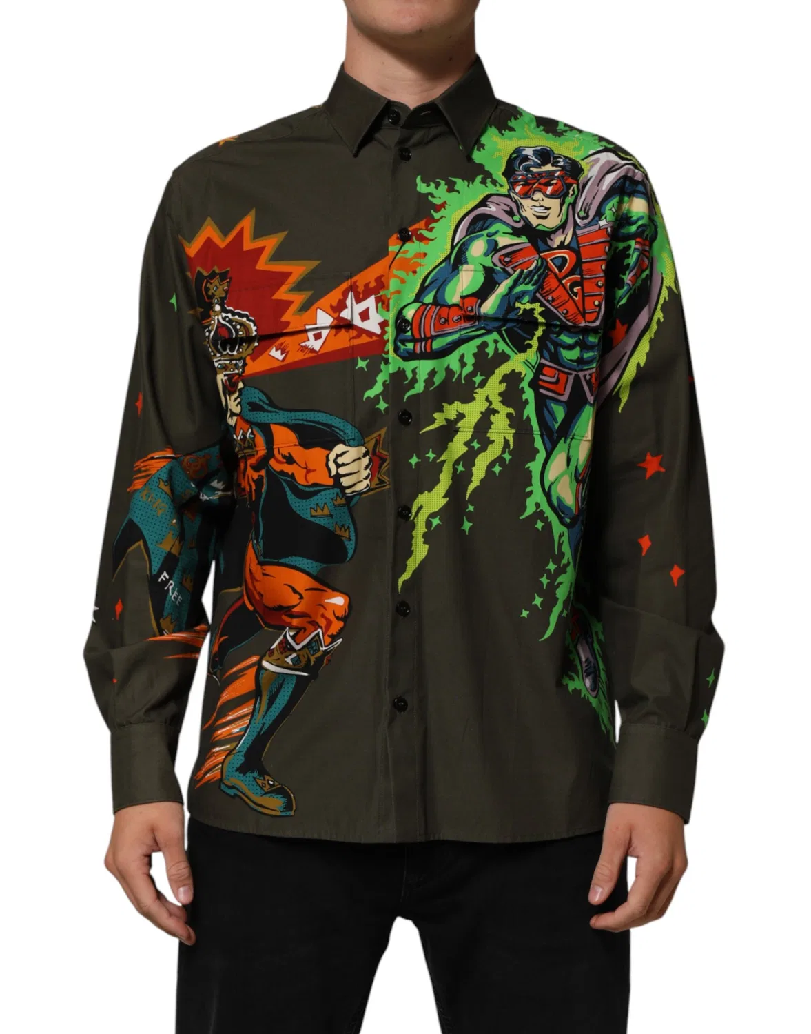Мужская рубашка с принтом супергероев, Green Superhero Print, Dolce & Gabbana, Brown