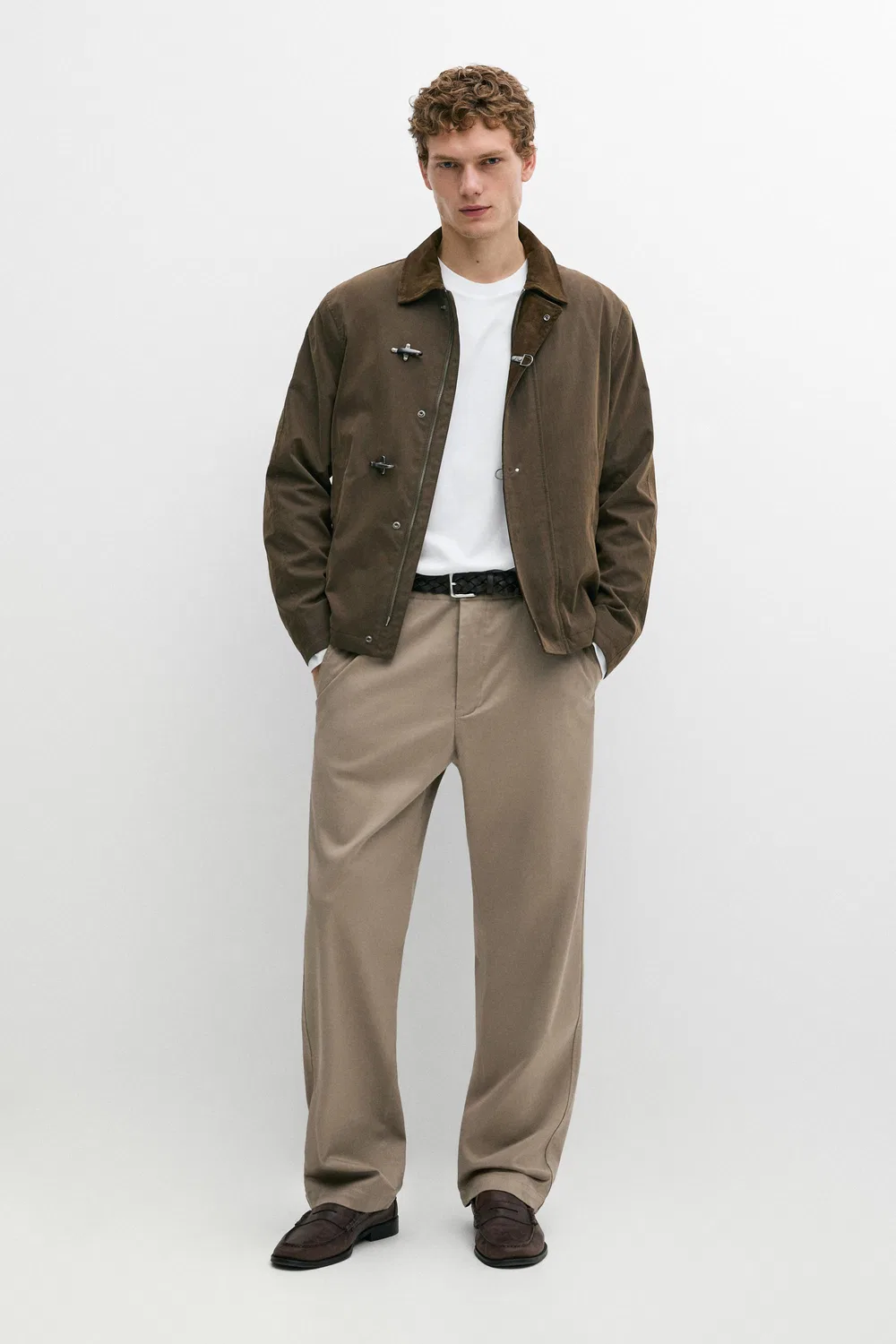 Брюки Massimo Dutti Cotton Blend Straight-Leg, бежево-коричневый — фото 3