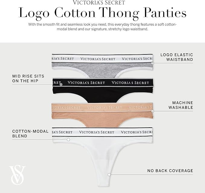 Трусики-стринги Victoria's Secret Women's Cotton Logo Thong Underwear, черный/розовый/серый — фото 2