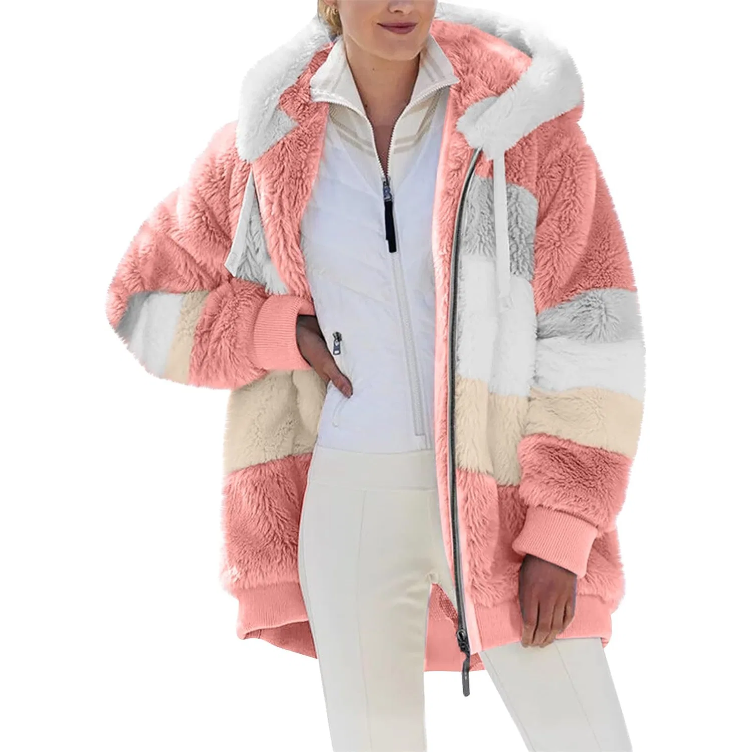 Женское пальто с капюшоном из флиса, rosa