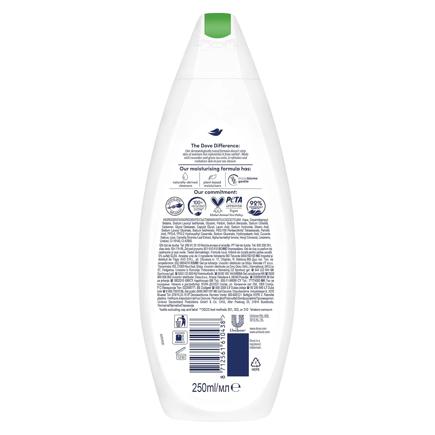Гель для душа увлажняющий Dove Refreshing, 12x250 мл, с огурцом и зеленым чаем — фото 2
