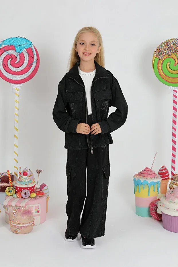 Детский комплект спортивного костюма для девочек с принтом Rose Stone Detailled Tracksuit Set Star Pearl Kids, Black — фото 3