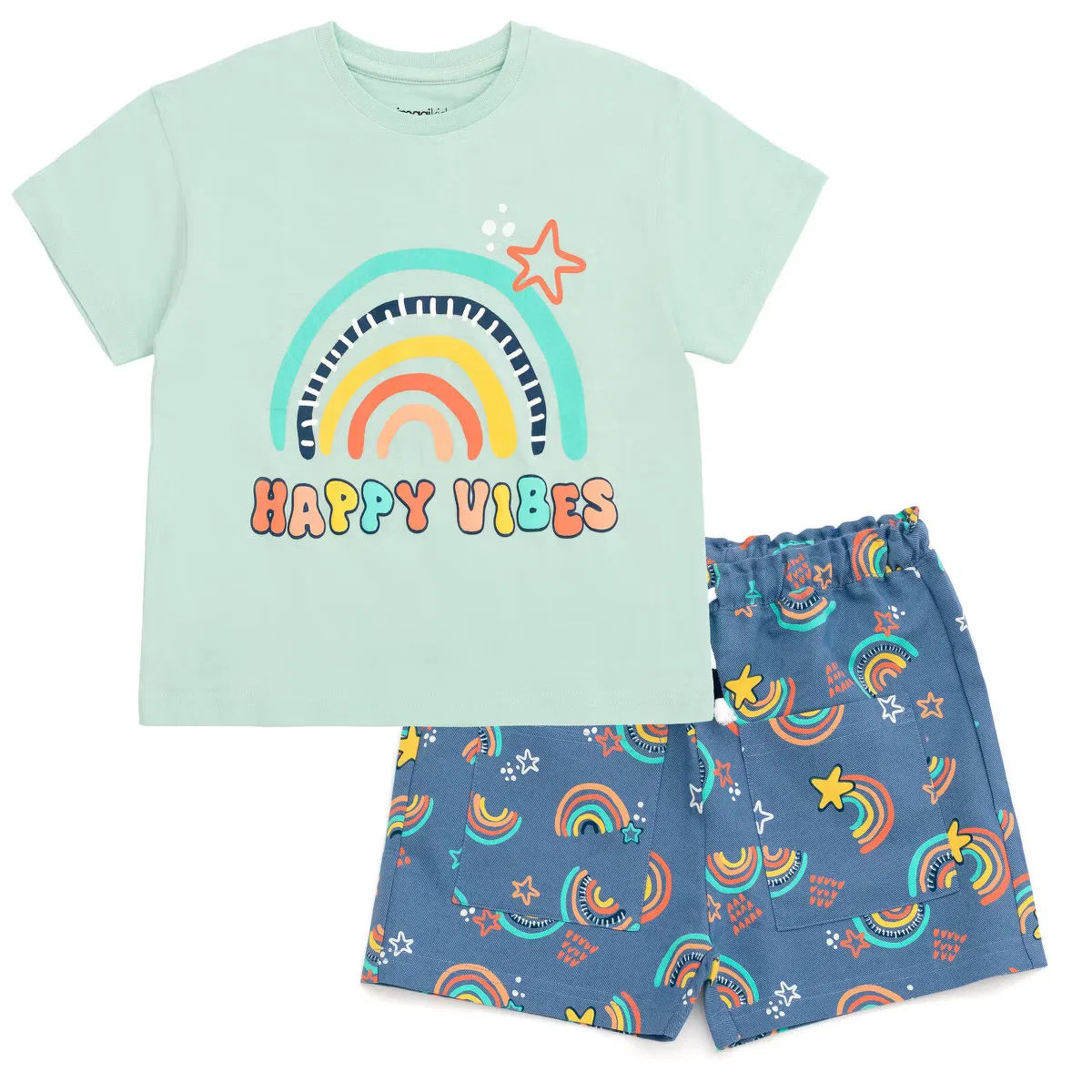 Комплект футболки с коротким рукавом и шорт из шамбре, imagikids, Cool Mint/Dark Blue, Rainbows