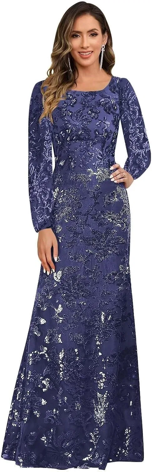 Женское вечернее платье с пайетками и кружевом LA139, Navy Blue