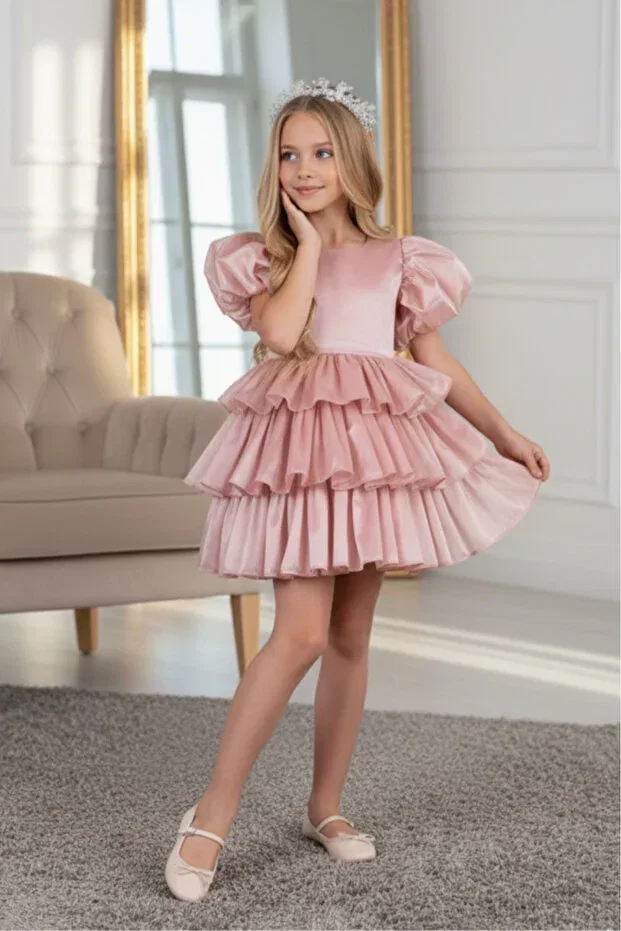 Детское платье для девочек с коротким рукавом Dream model crowned tailed powder children's evening dress kids aby230 Abiyekids, Powder — фото 4
