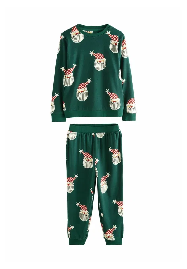 Комплект пижам с принтом single family christmas set, Next, Green/Red/White Santa All-over Print, принт с изображением санты в зелено-красно-белых тонах