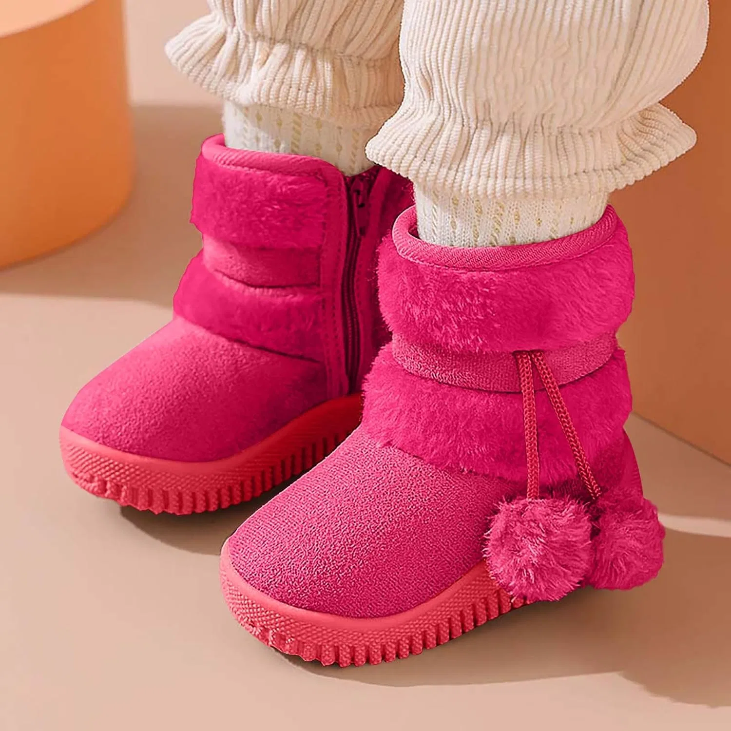 Детские зимние ботинки для девочек с помпонами и молнией, Hot Pink — фото 2