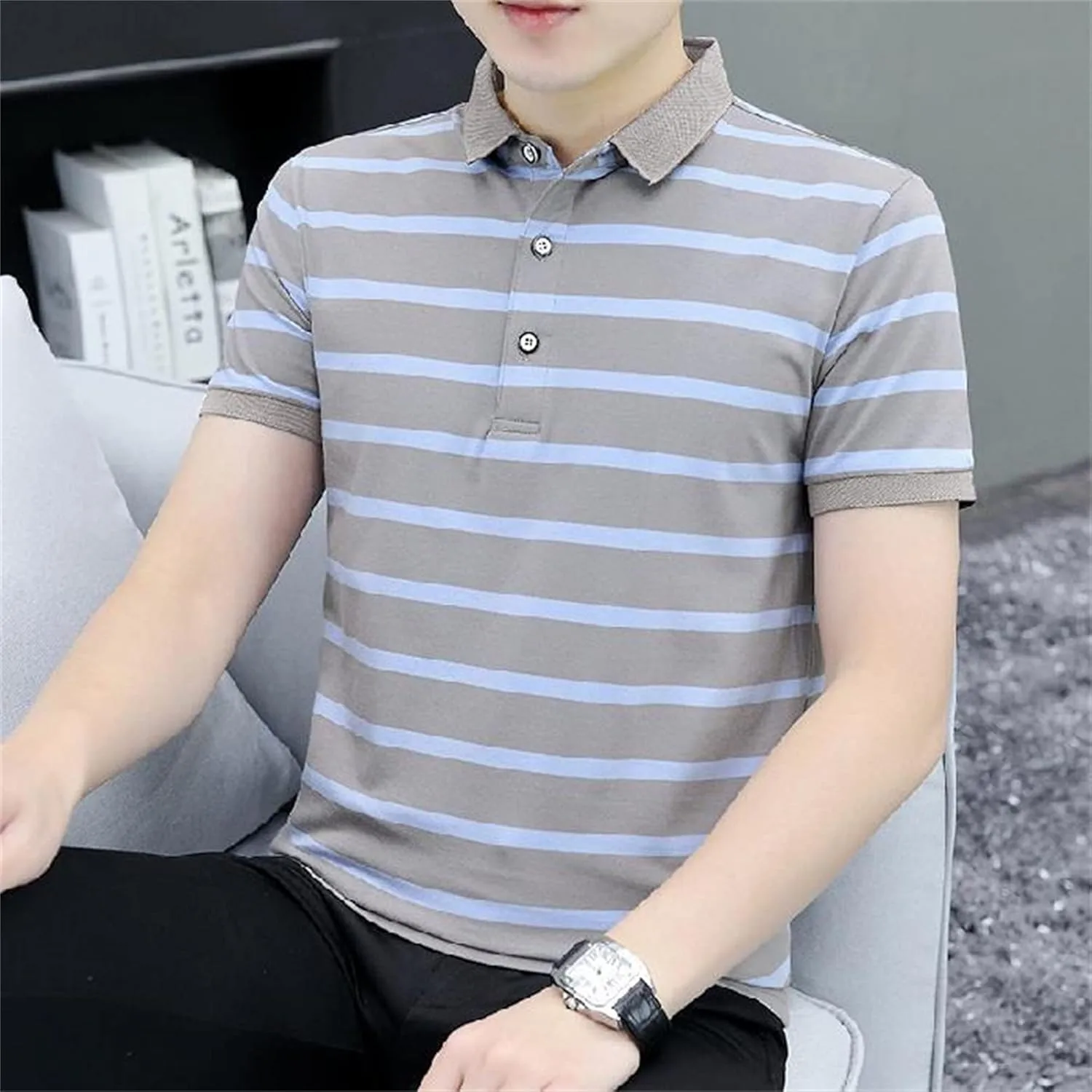 Мужская поло с коротким рукавом Stretch Striped для гольфа и тенниса — фото 4