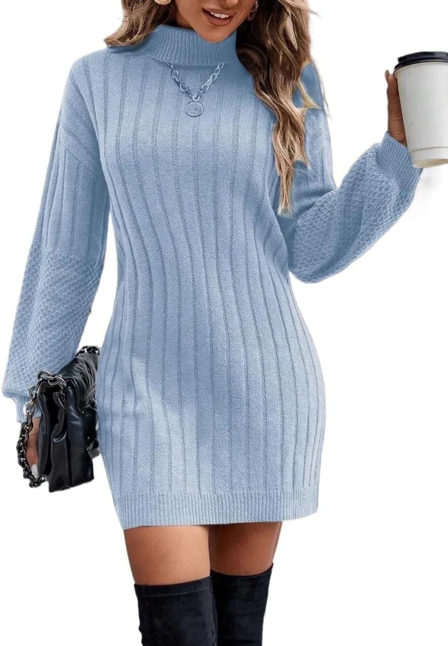 Женское короткое вязаное платье с высоким воротником, Blue