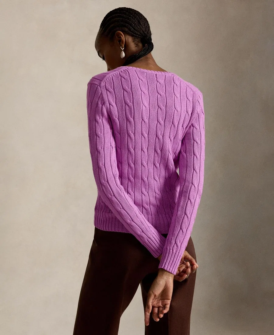 Свитер с V-образным вырезом из хлопка с косами Polo Ralph Lauren, Thistle Pink — фото 4