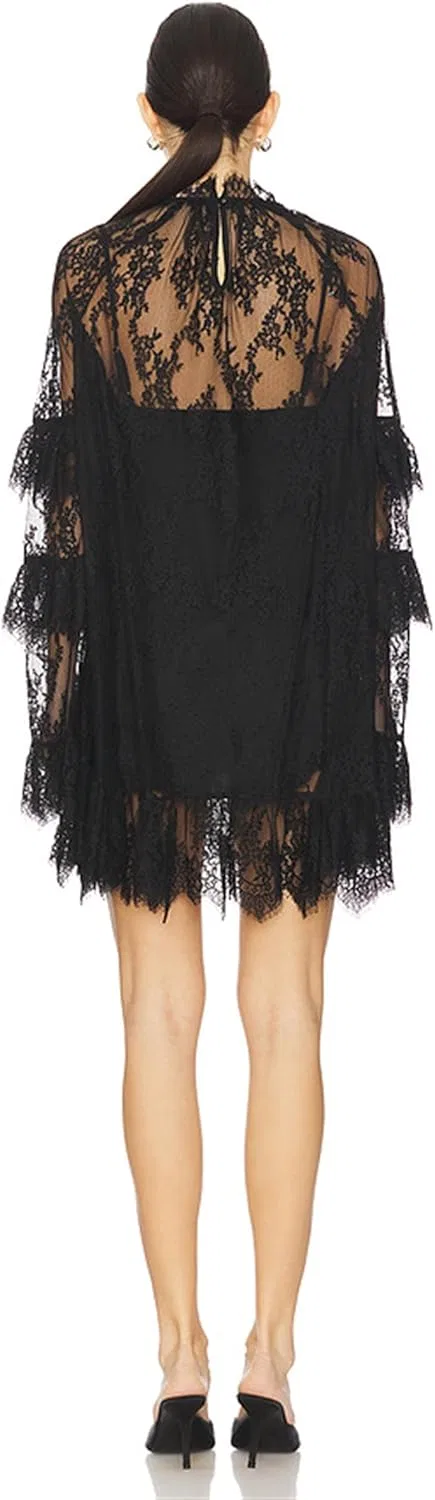 Generic Женское кружевное мини-платье, длинный рукав, высокий воротник, цветочный прозрачный пляжный наряд, Y2K элегантный круглый вырез с воланами — фото 3