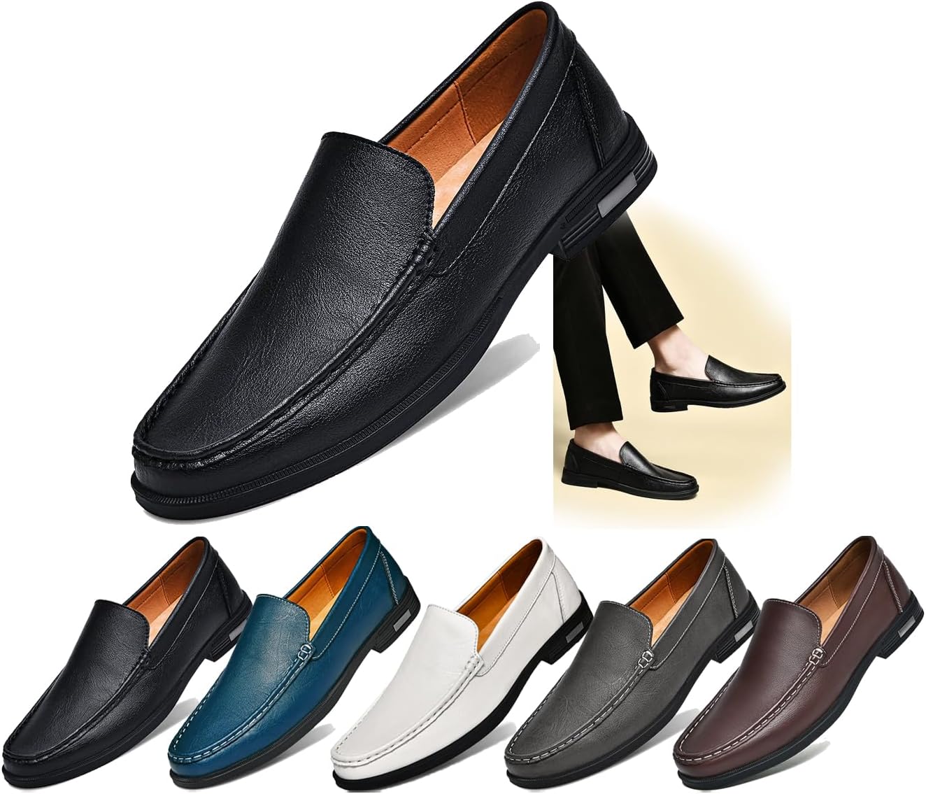 

Стильные мужские слипоны из натуральной кожи, комфортные дышащие лоферы для работы, вождения, офиса и повседневной носки - мягкая подошва, круглый носок, низкий каблук, роскошный дизайн Generic, черный