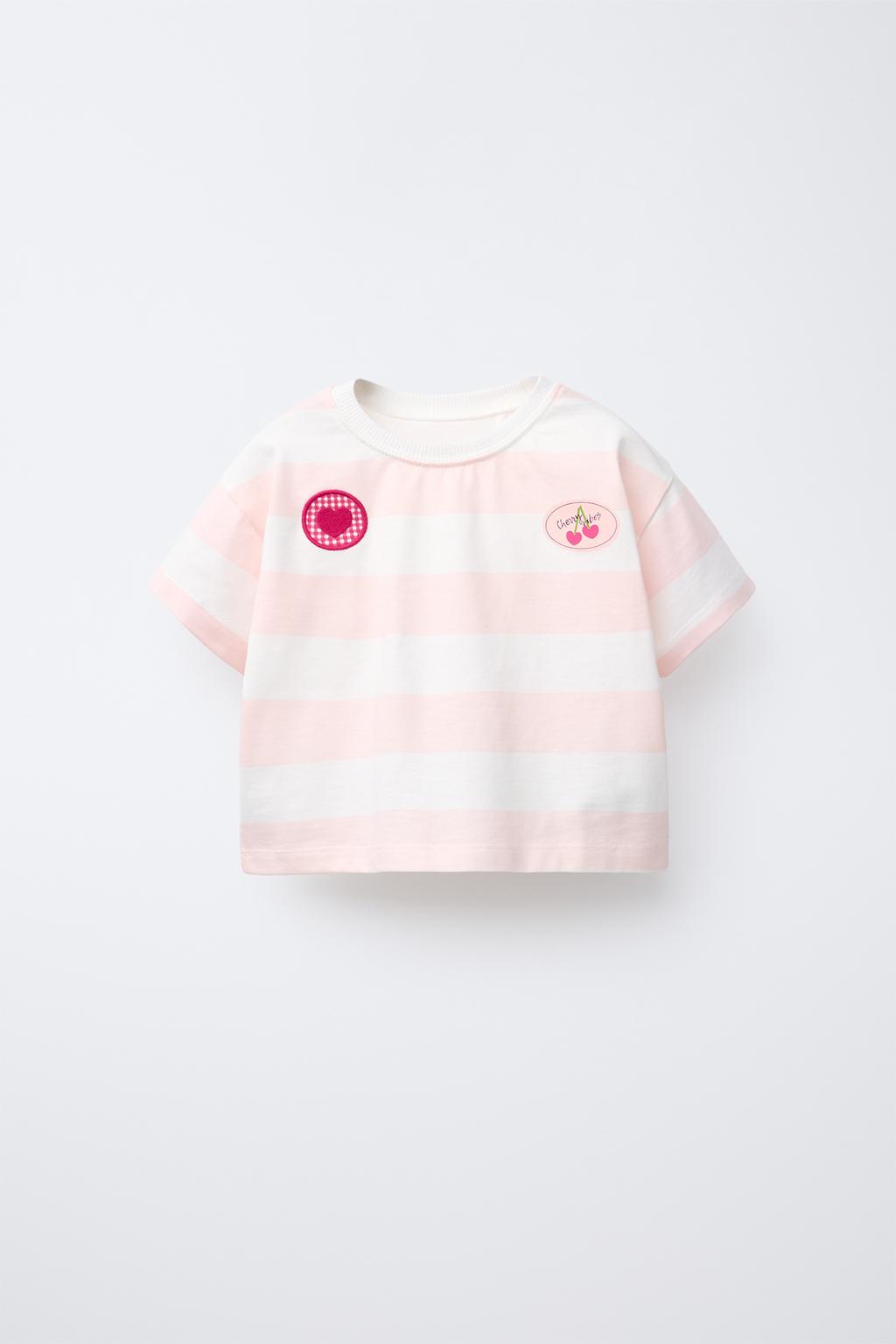 

Футболка в полоску с нашивками ZARA, цвет Pastel pink