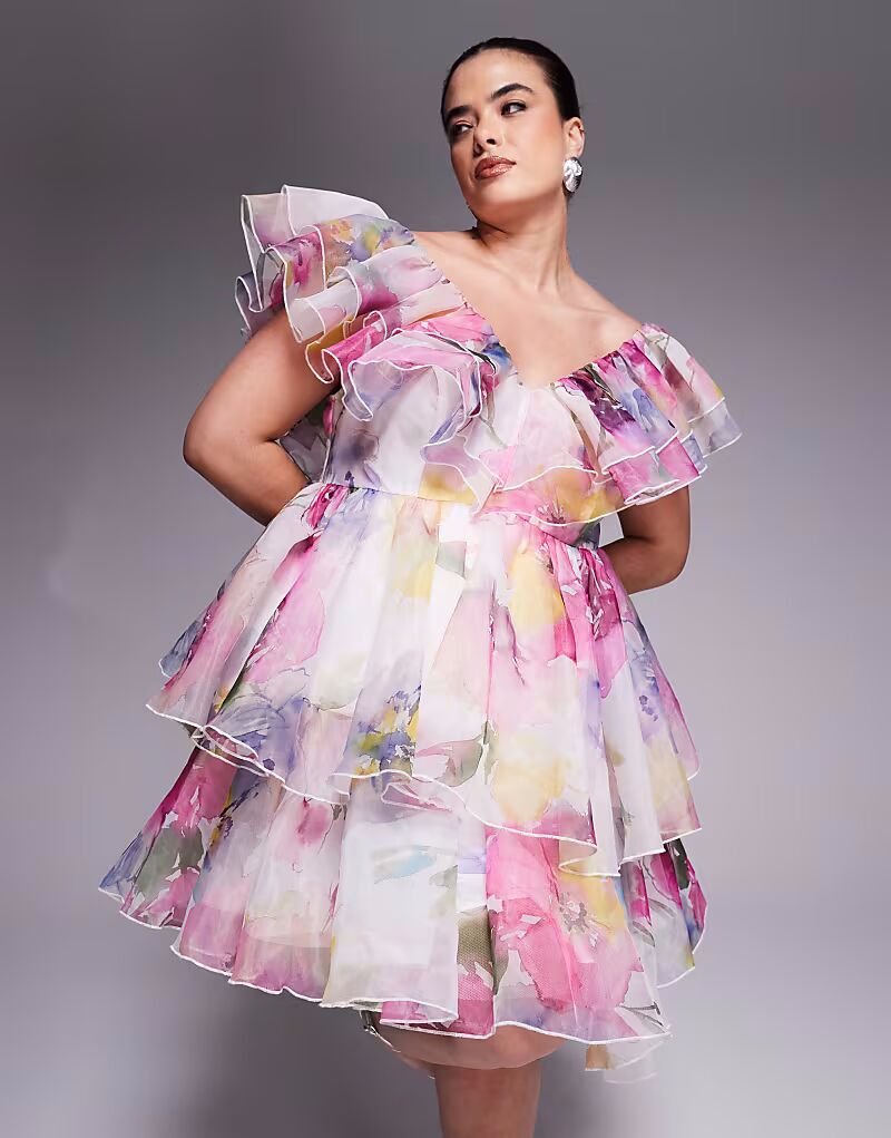 

Мини-платье бэби-долл ASOS LUXE Curve из органзы с оборками и размытым цветочным принтом