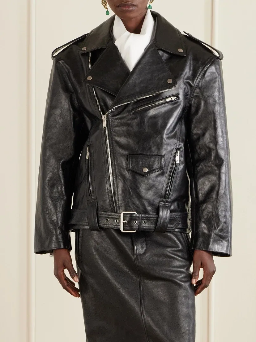 Байкерская куртка из глянцевой фактурной кожи SAINT LAURENT, черный — фото 3