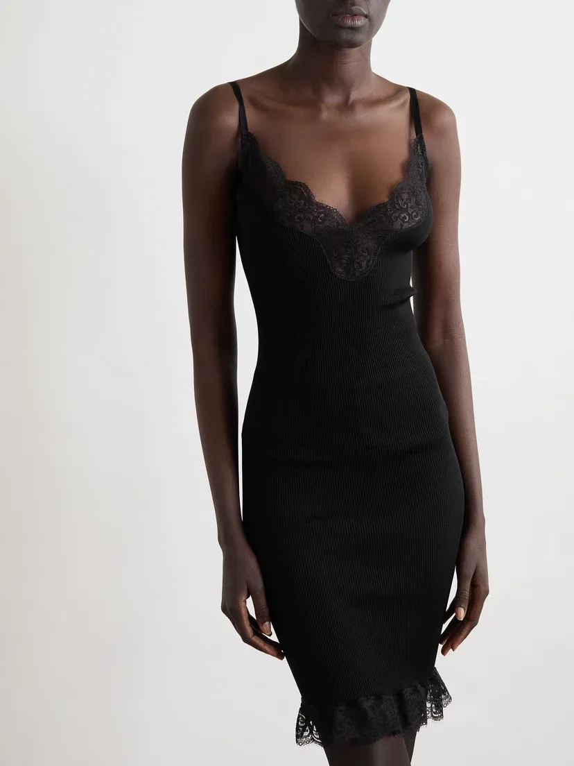 Мини-платье из ребристого шелкового джерси с кружевной отделкой SAINT LAURENT, черный — фото 3