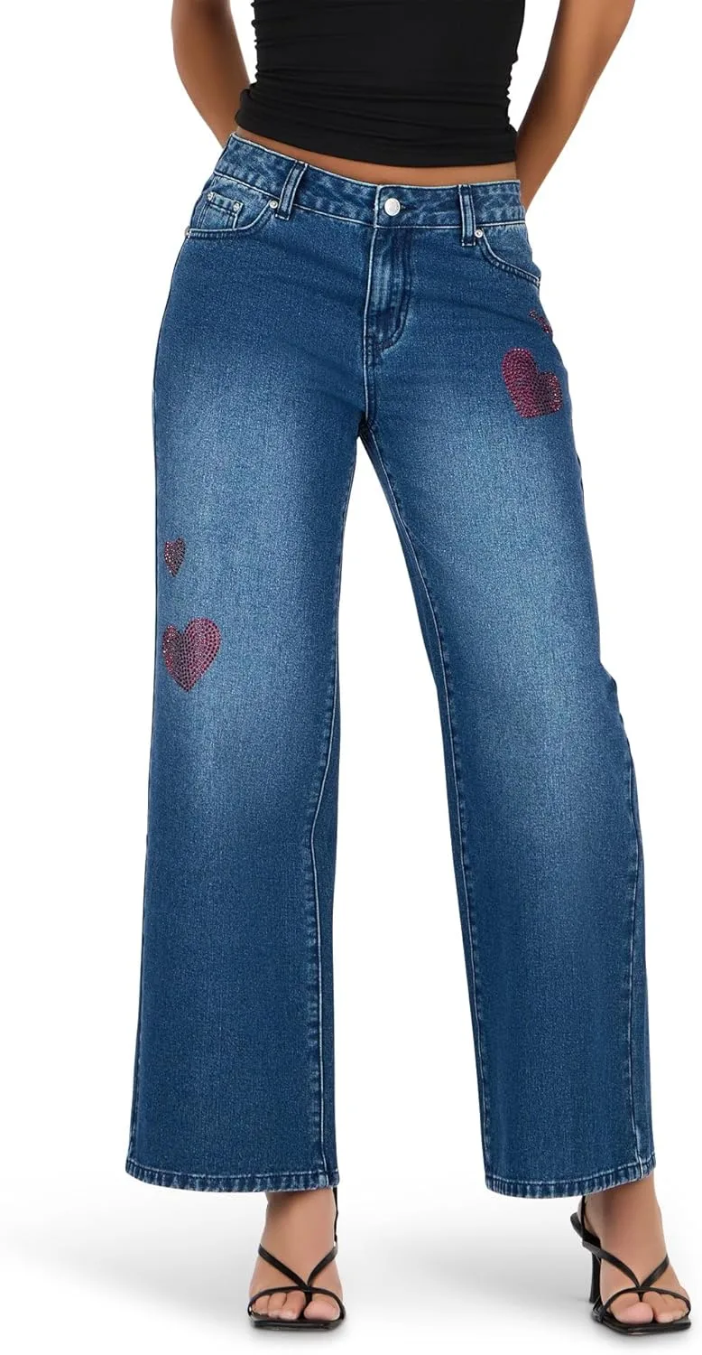 

Forever 21 Women's Rhinestone Heart Wide Leg Jeans