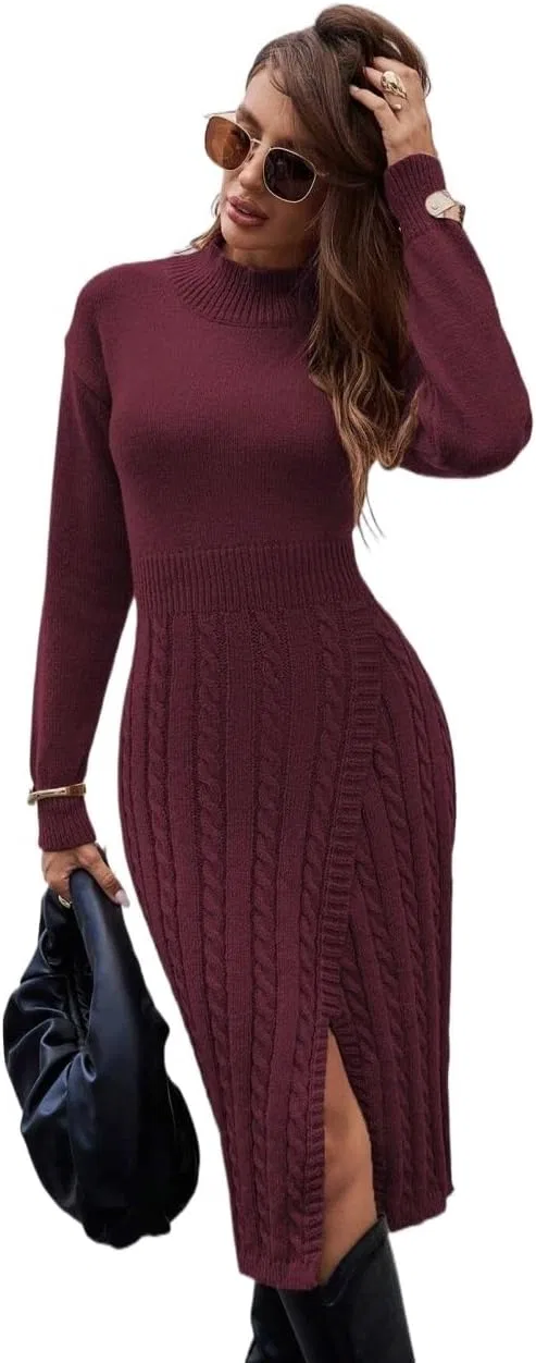 Женское платье миди с запахом Casual Long Sleeve, Burgundy — фото 4