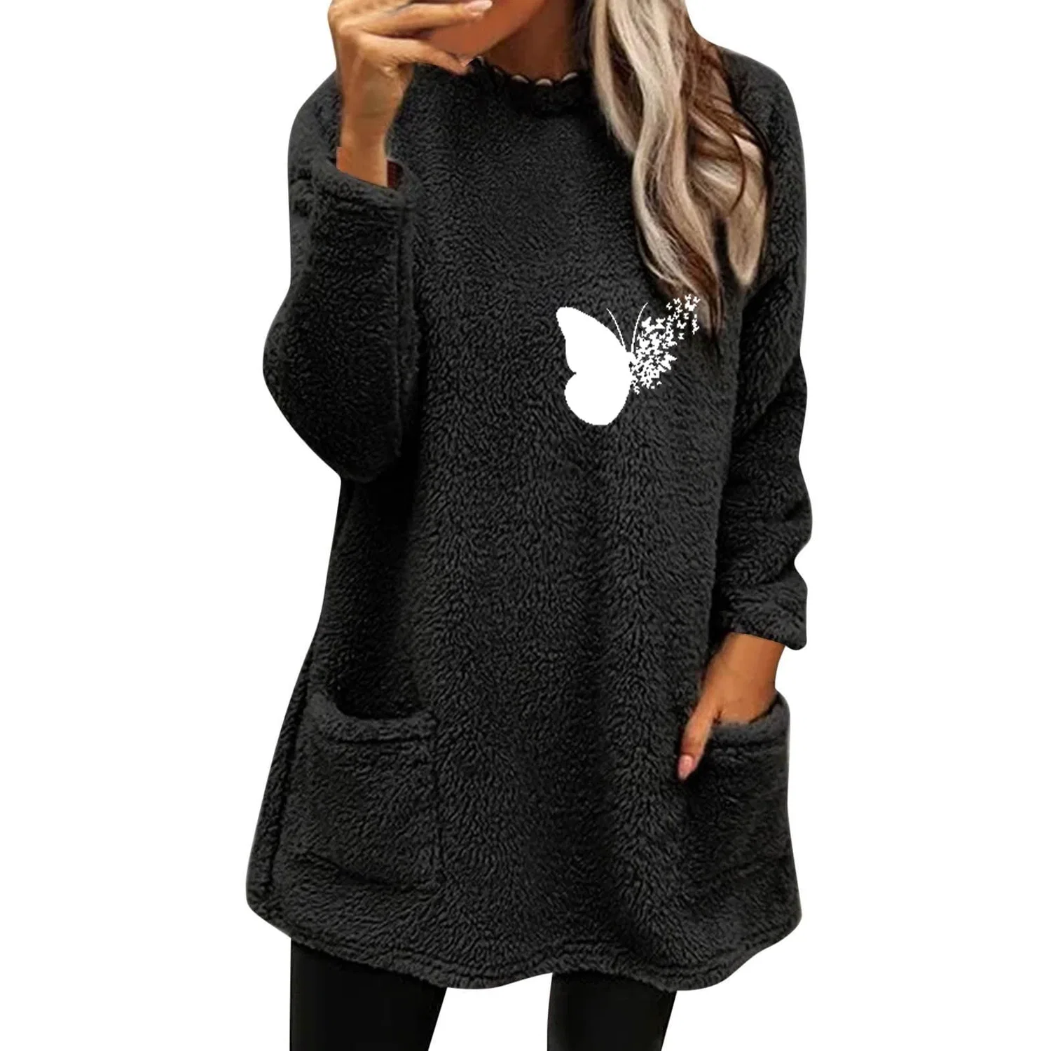 Женское зимнее пальто свободного кроя с длинным рукавом и вышивкой, Black