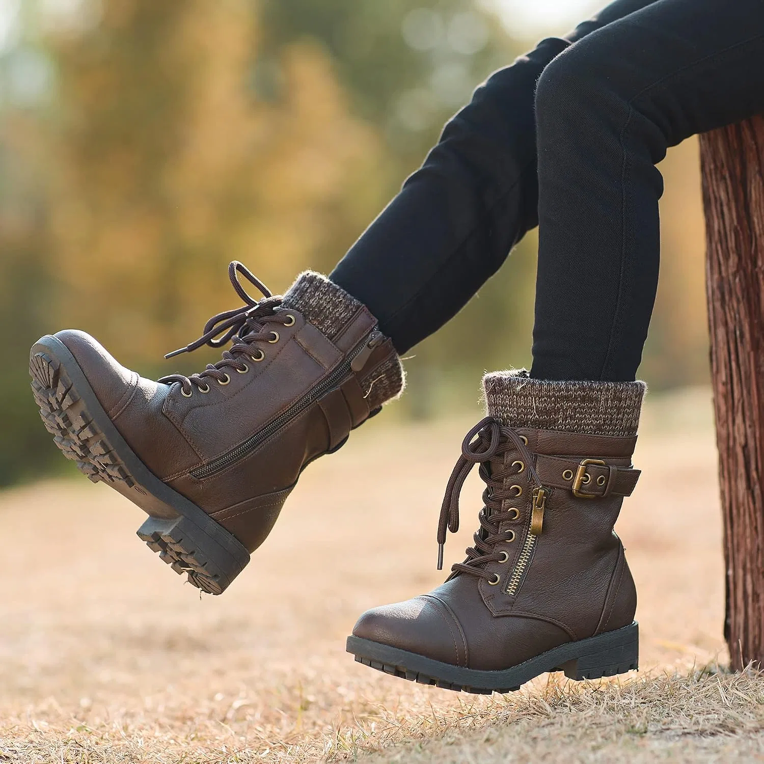 Детские ботинки для девочек с меховой подкладкой Combat Lace up DREAM PAIRS, Brown — фото 2