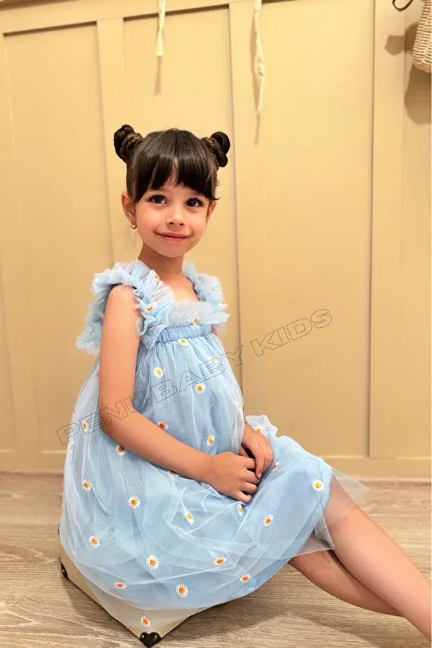 Детское платье для девочек с вышивкой Blue Embroidery Daisy Embroidered Strap Penu Baby Kids, Blue