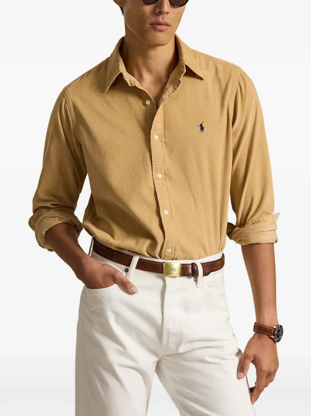 Вельветовая рубашка облегающего кроя POLO RALPH LAUREN, бежевый — фото 3