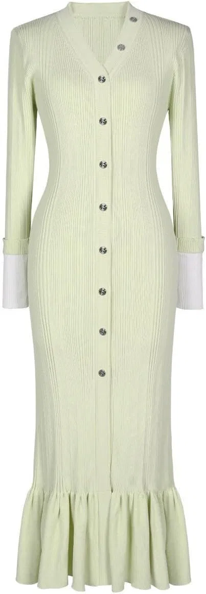 Женское вязаное платье-рыбка с V-образным вырезом, Light Green