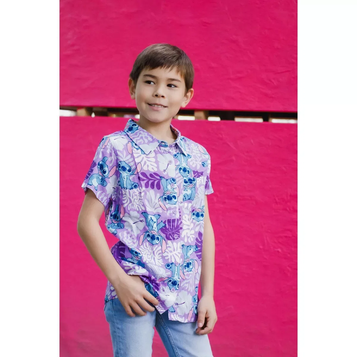 Детская рубашка с коротким рукавом с принтом Disney Lilo & Stitch Minnie Mouse Girls Hawaiian Button Down Shirt, Stitch — фото 4