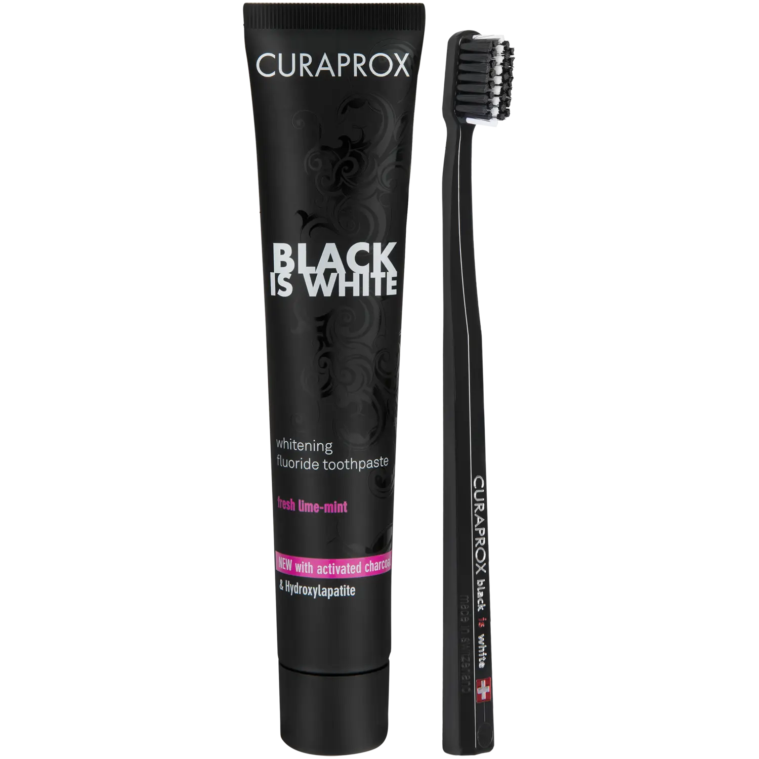 

Curaprox Black & White набор: зубная паста с активированным углем, 90 мл + черная зубная щетка, 1 шт.