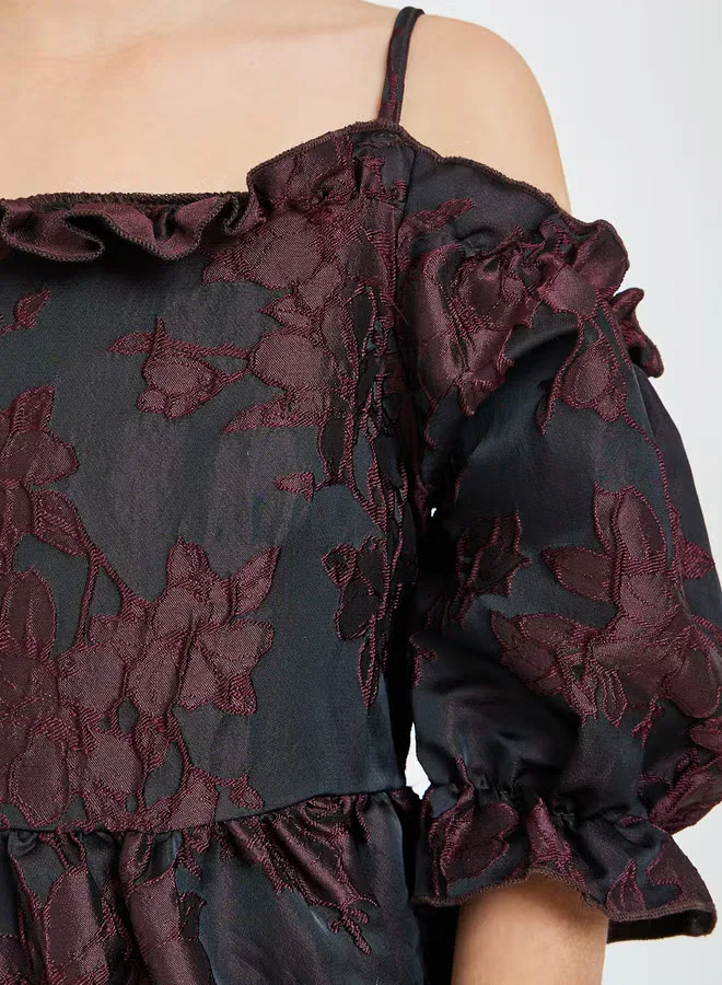 Платье с открытыми плечами с цветочным жаккардовым узором, модель Cold-Shoulder, Styli, темный цветочный — фото 4
