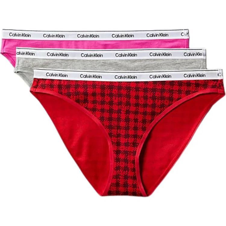 Женские трусы с логотипом на поясе, комплект из 3 штук, Calvin Klein, Rose Red/Gray/Red Plaid