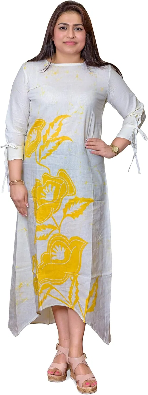Женское батик платье с длинным рукавом Daffodil, White/Yellow