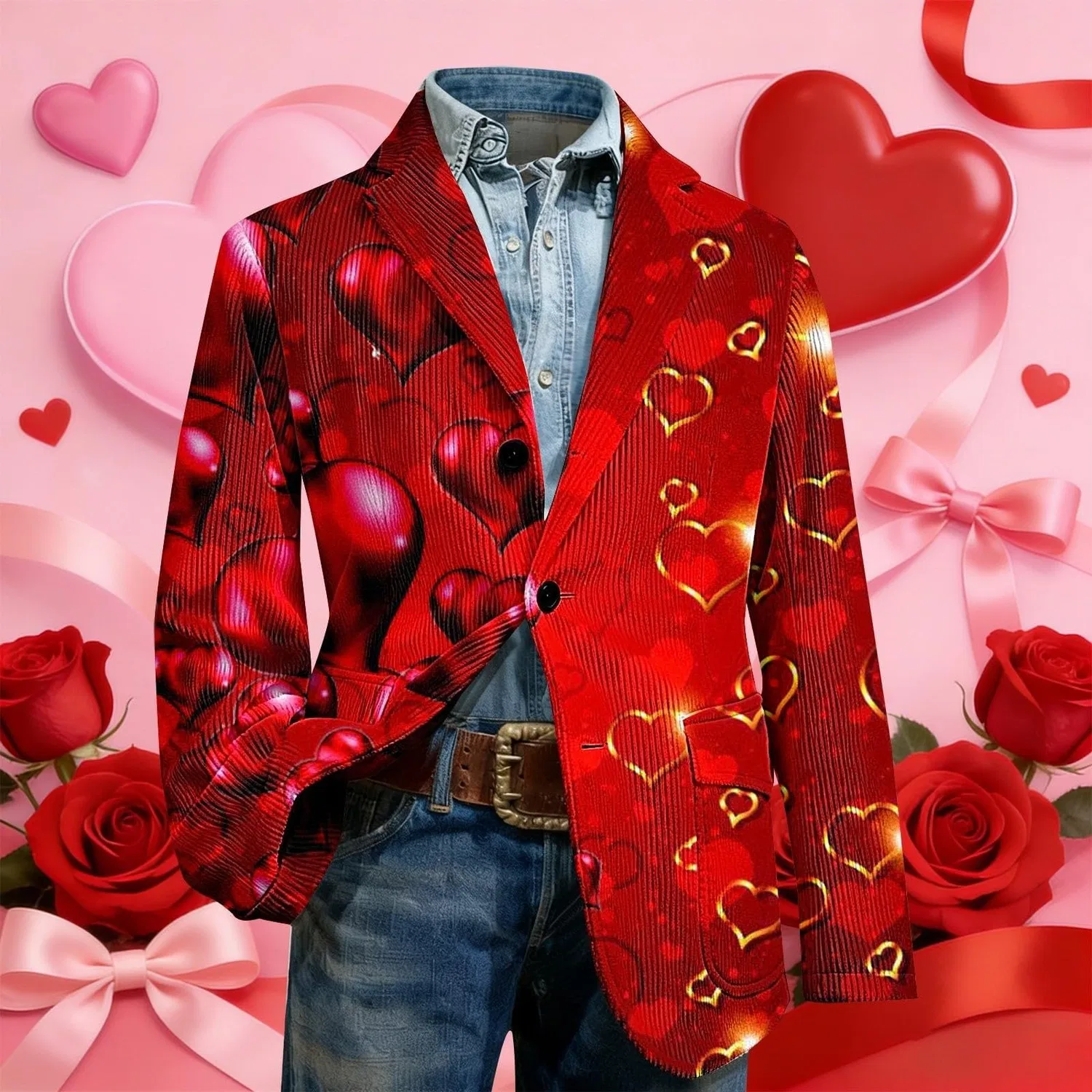 Женская куртка из вельвета с принтом сердца Valentine's Day, 02 rosso — фото 2