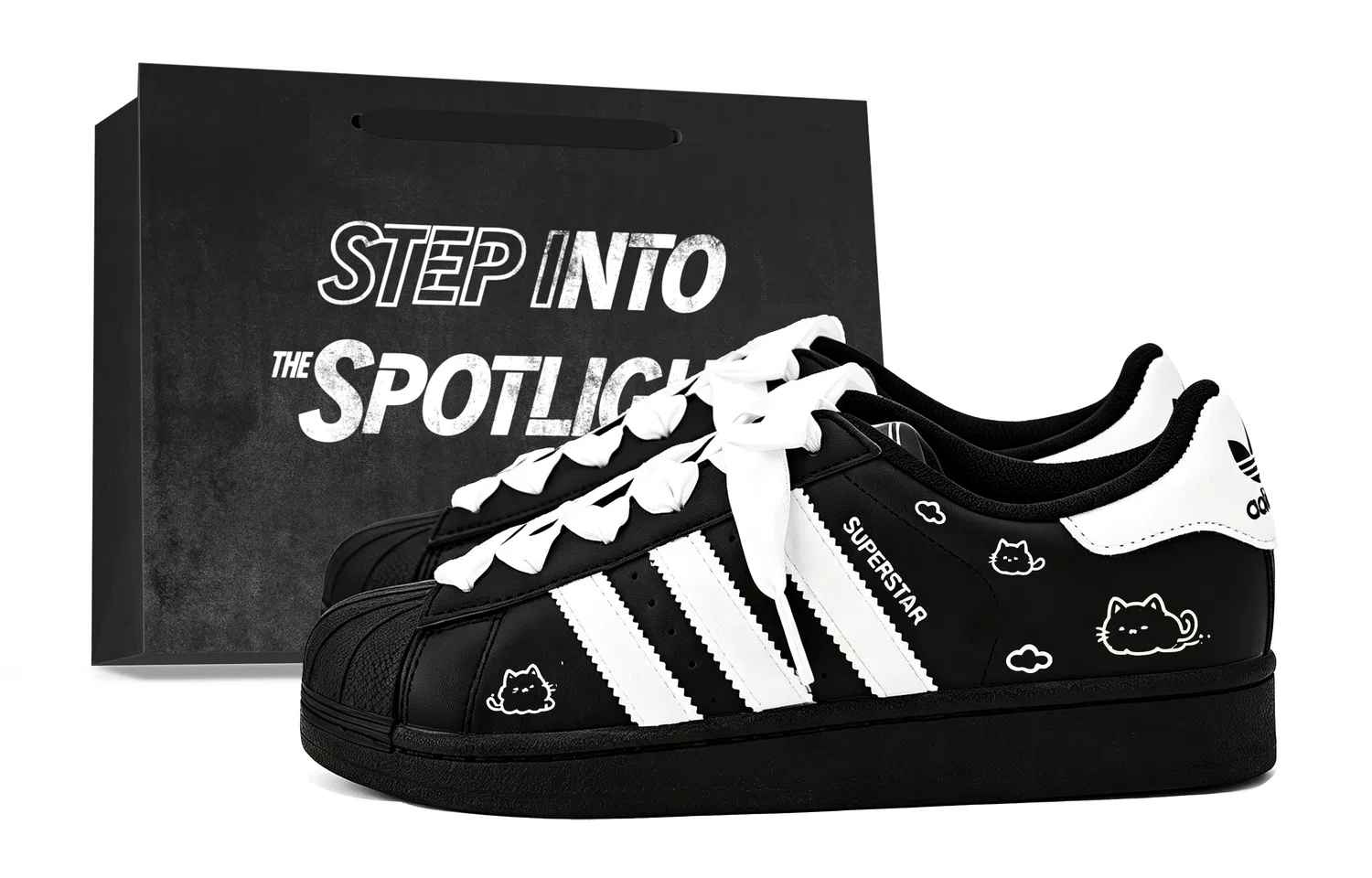 Детские кеды из кожи с принтом кота Superstar 2 Adidas Originals, Black & White