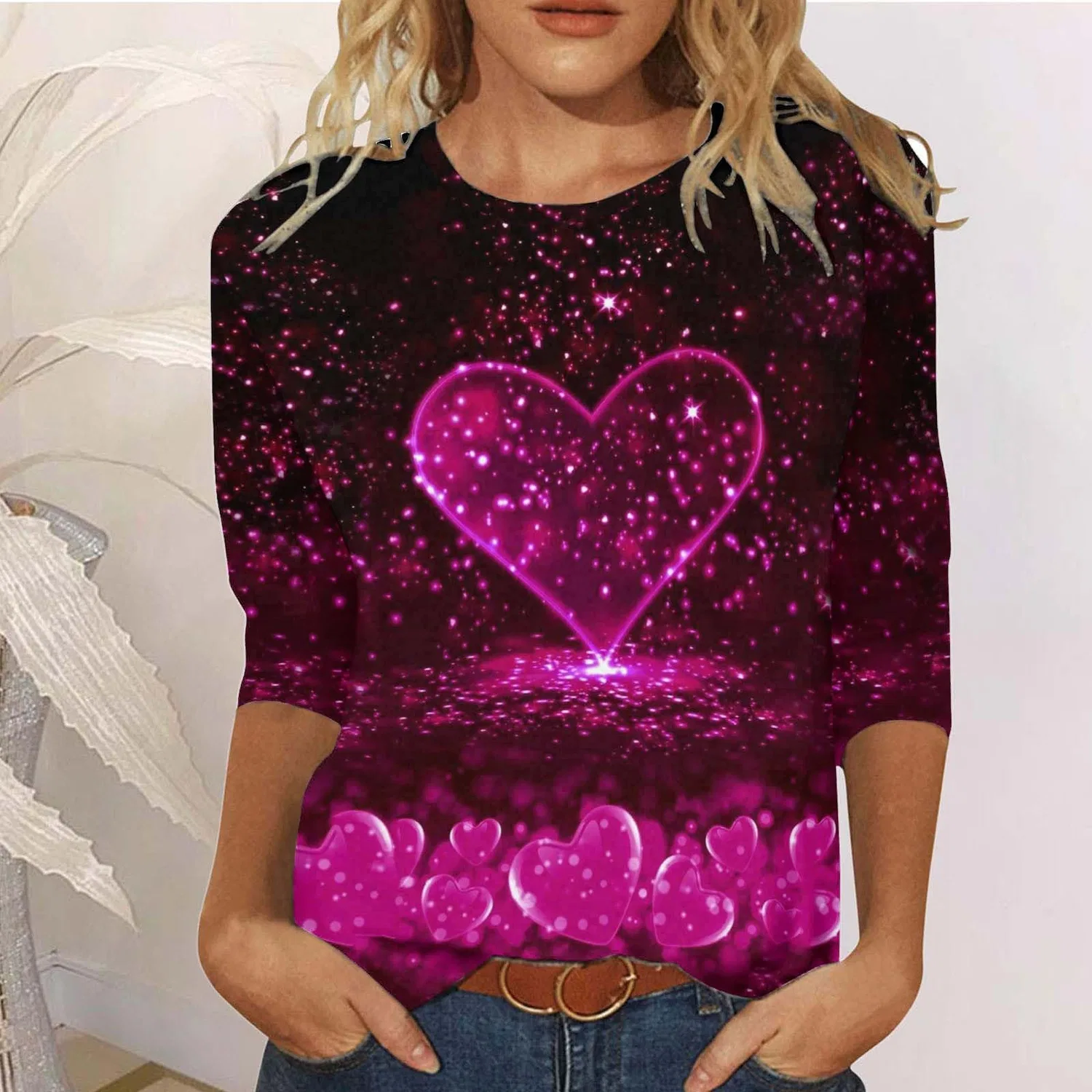 Женская футболка с принтом Plaid Shirt 3/4 Sleeves, F-hot Pink — фото 2