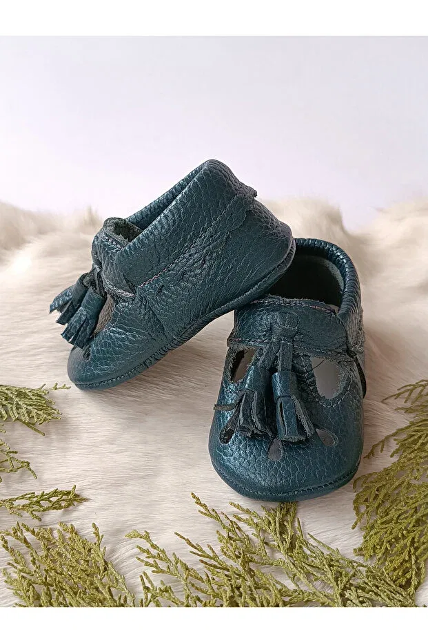 Детские пинетки из натуральной кожи с кисточками Wizy tasseled petrol blue genuine leather baby booties moccasins Hodore, Petrol Blue With Tassels — фото 4