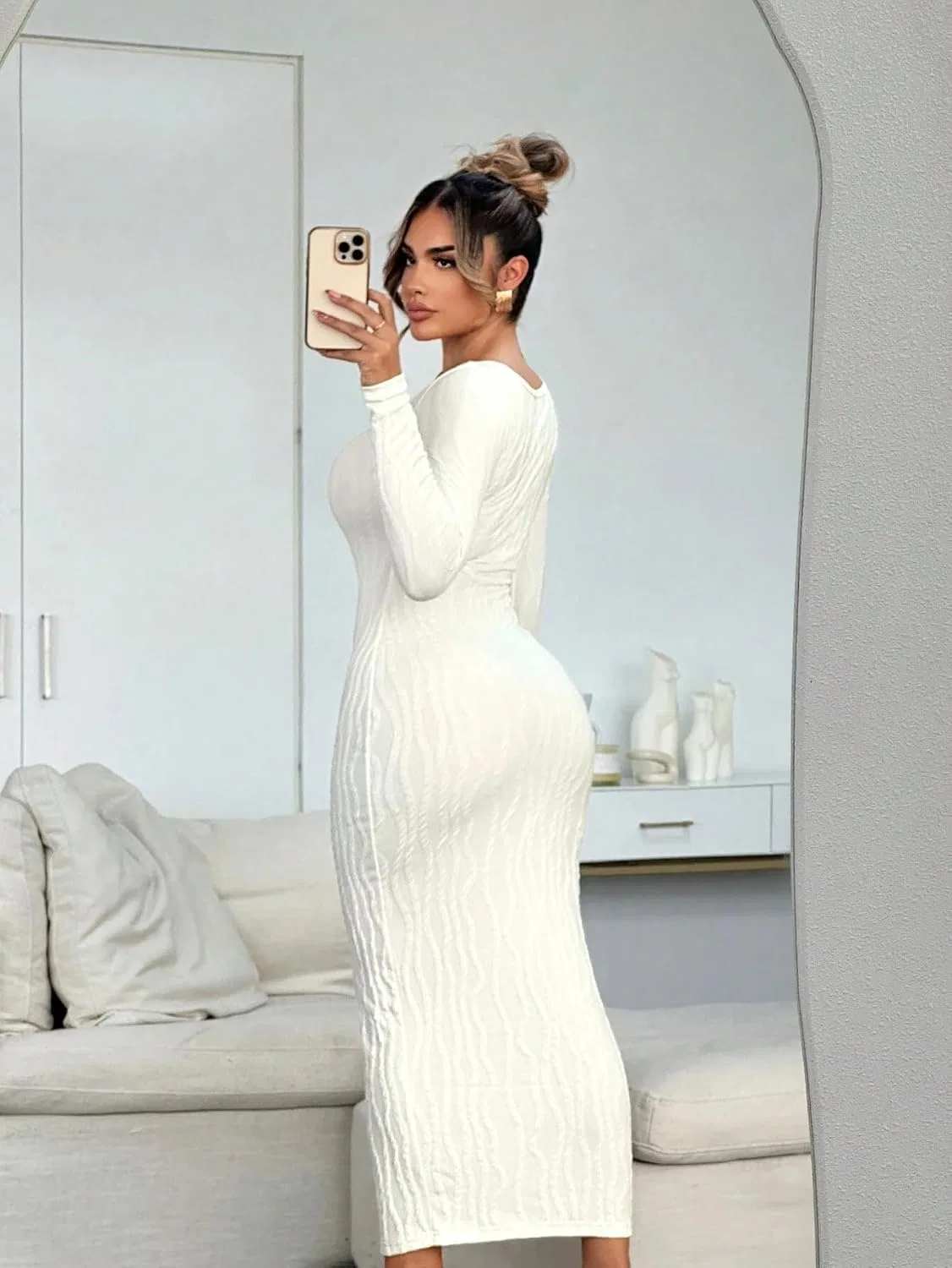 Женское длинное платье миди с разрезом Bodycon, Beige — фото 3
