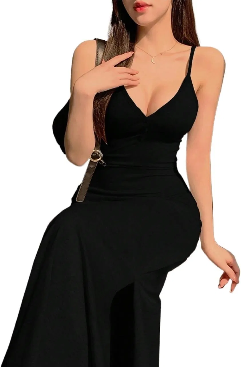 Женское длинное cami платье на тонких бретелях с вырезом на спине, Black — фото 4