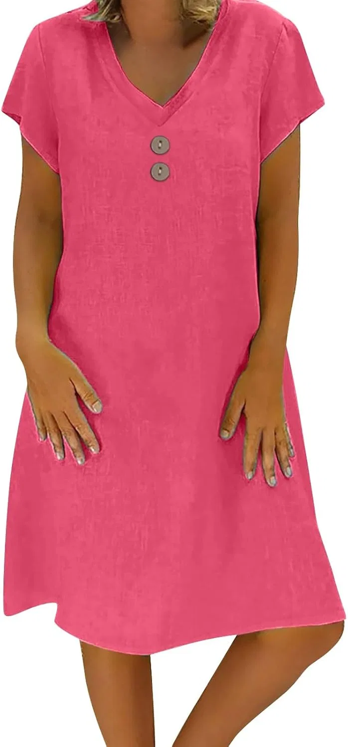 Женское миди-платье с V-образным вырезом Cotton Linen, Hot Pink