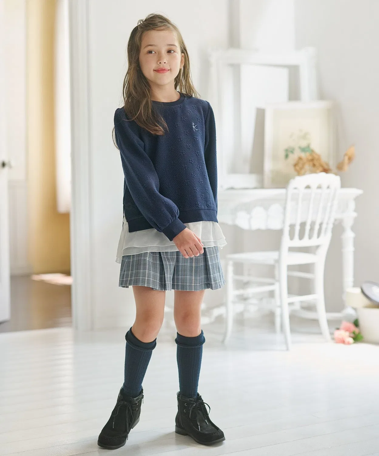 Детские шорты-юбка с принтом Glen Check Kumikyoku KIDS, Black — фото 4
