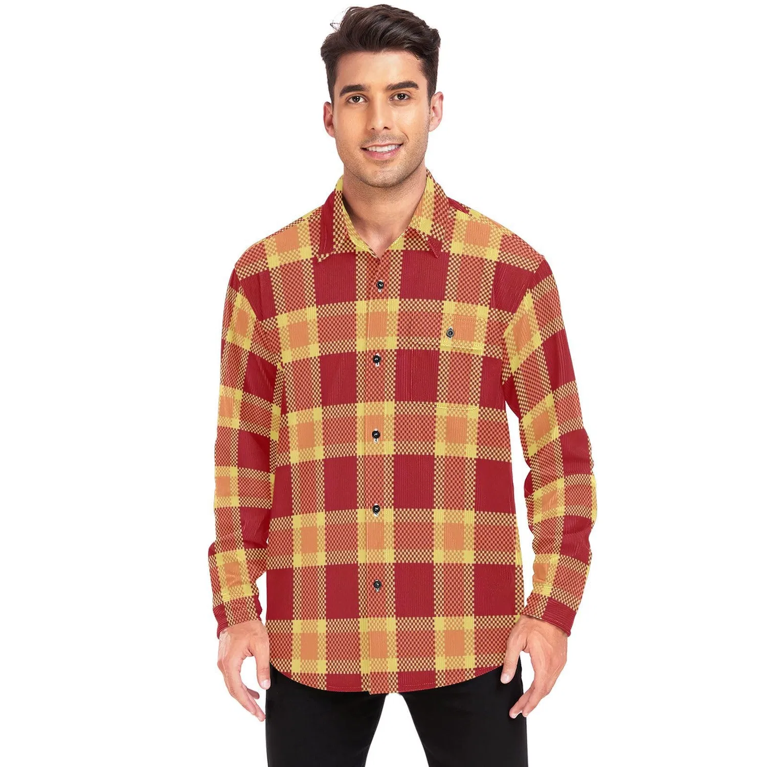Женский жакет-рубашка из вельвета в клетку с длинным рукавом, Plaid Retro Rosso Giallo — фото 2