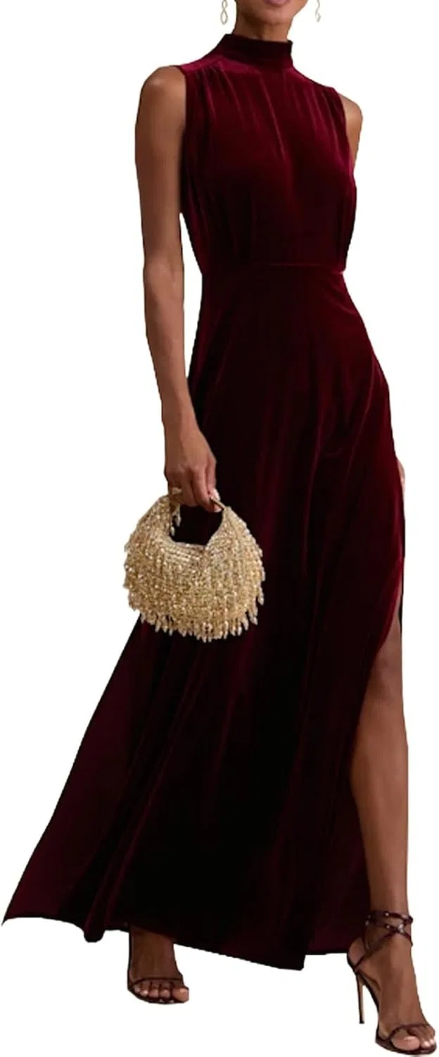 Женское бархатное макси-платье с высоким воротом Vero Moda, Red