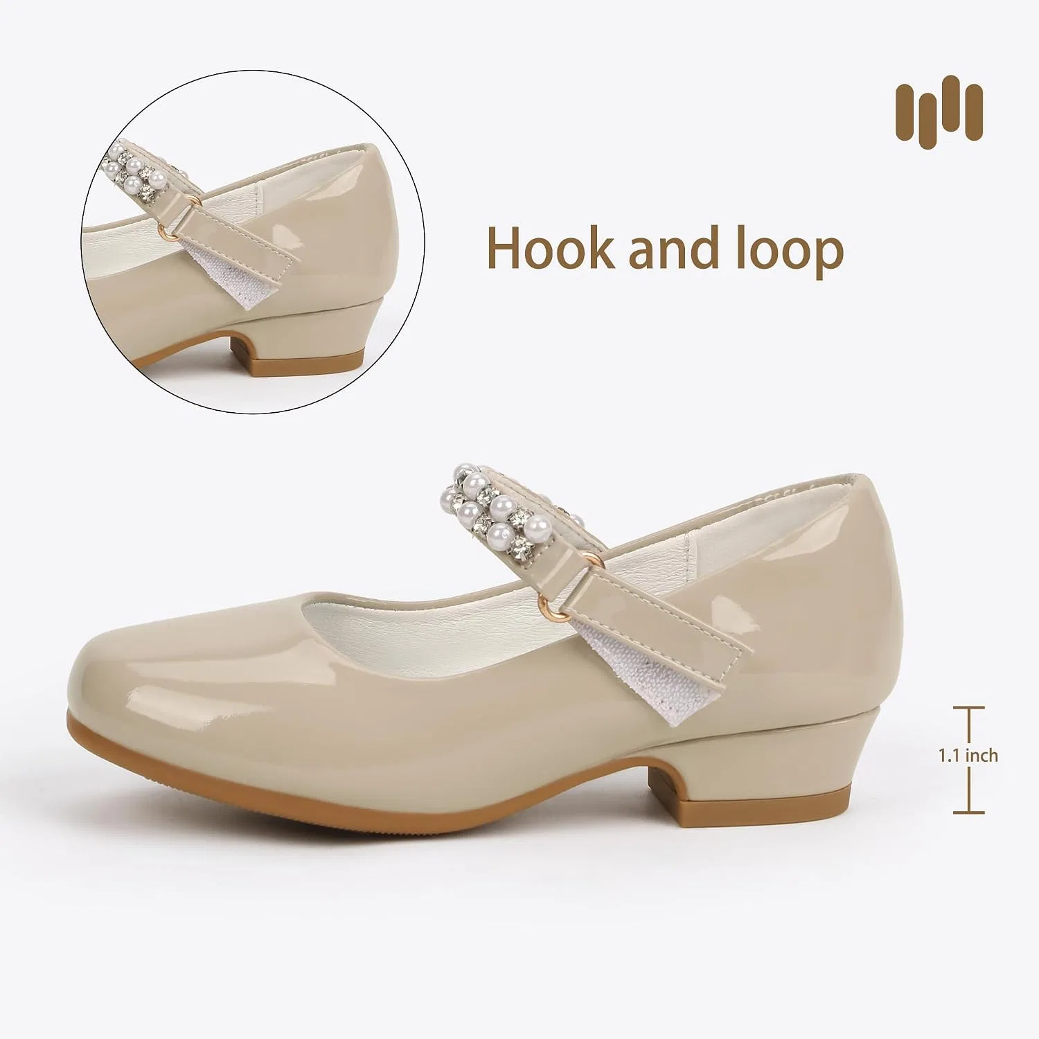 Детские туфли для девочек с жемчугом Mary Jane Heels Hehainom, Nude Pat — фото 4