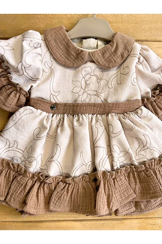 Детское платье для девочек хлопковое Eid Retro Ruffled Baby Collar Short Muslin Baby Dress Moes, Brown — фото 2
