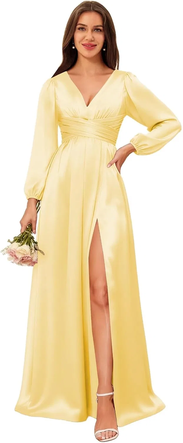 Женское длинное сатиновое платье с длинным рукавом, Yellow