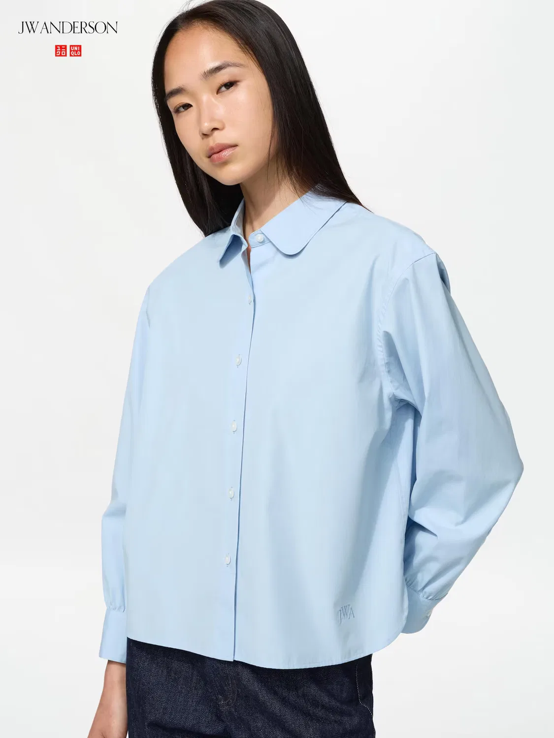 Рубашка Uniqlo, с объемными рукавами, светло-голубая